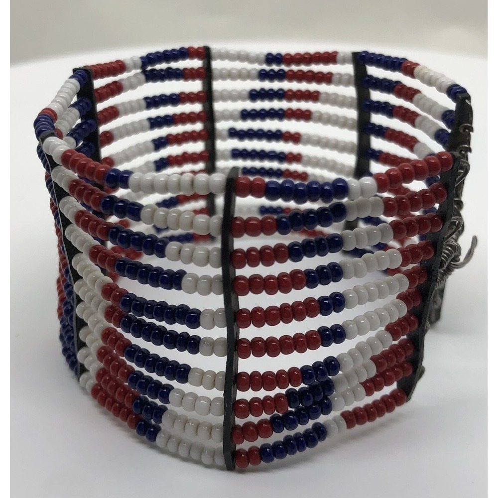 Beautiful Native‎ American Metal and Beaded Cuff Bracelet Red Blue White